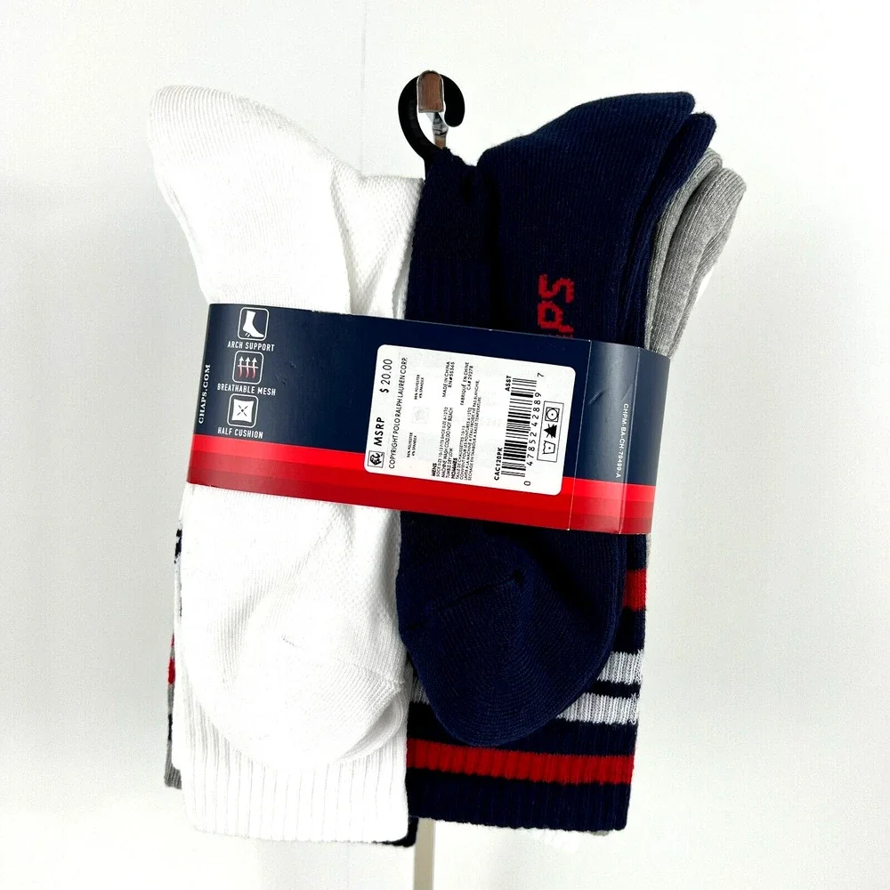 NEW Chaps Men’s Racer Stripe Athletic Crew Socks 6 Pairs Shoe Size 6-12.5 W/Tags
